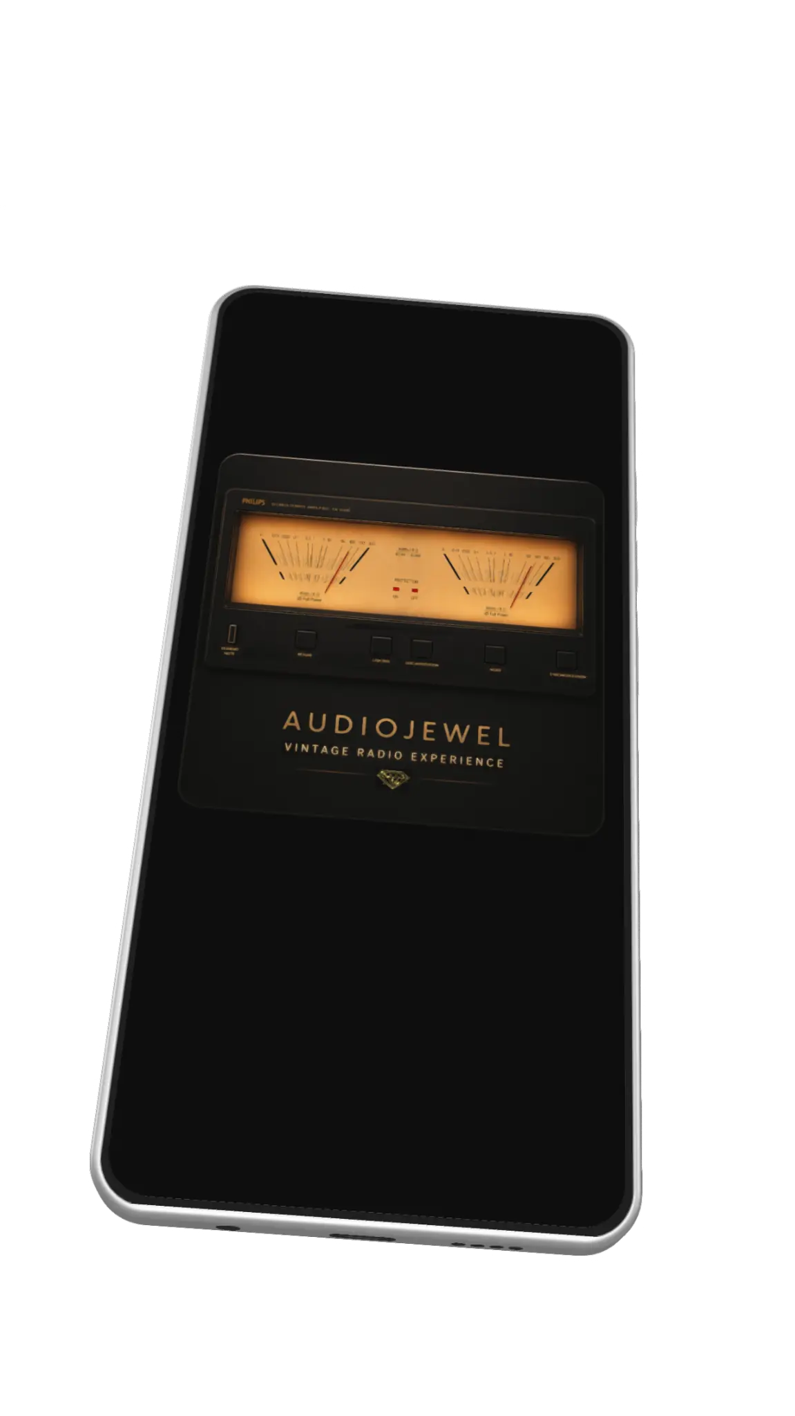 AudioJewel mostrando su pantalla de presentación y el cabezal vintage iluminado