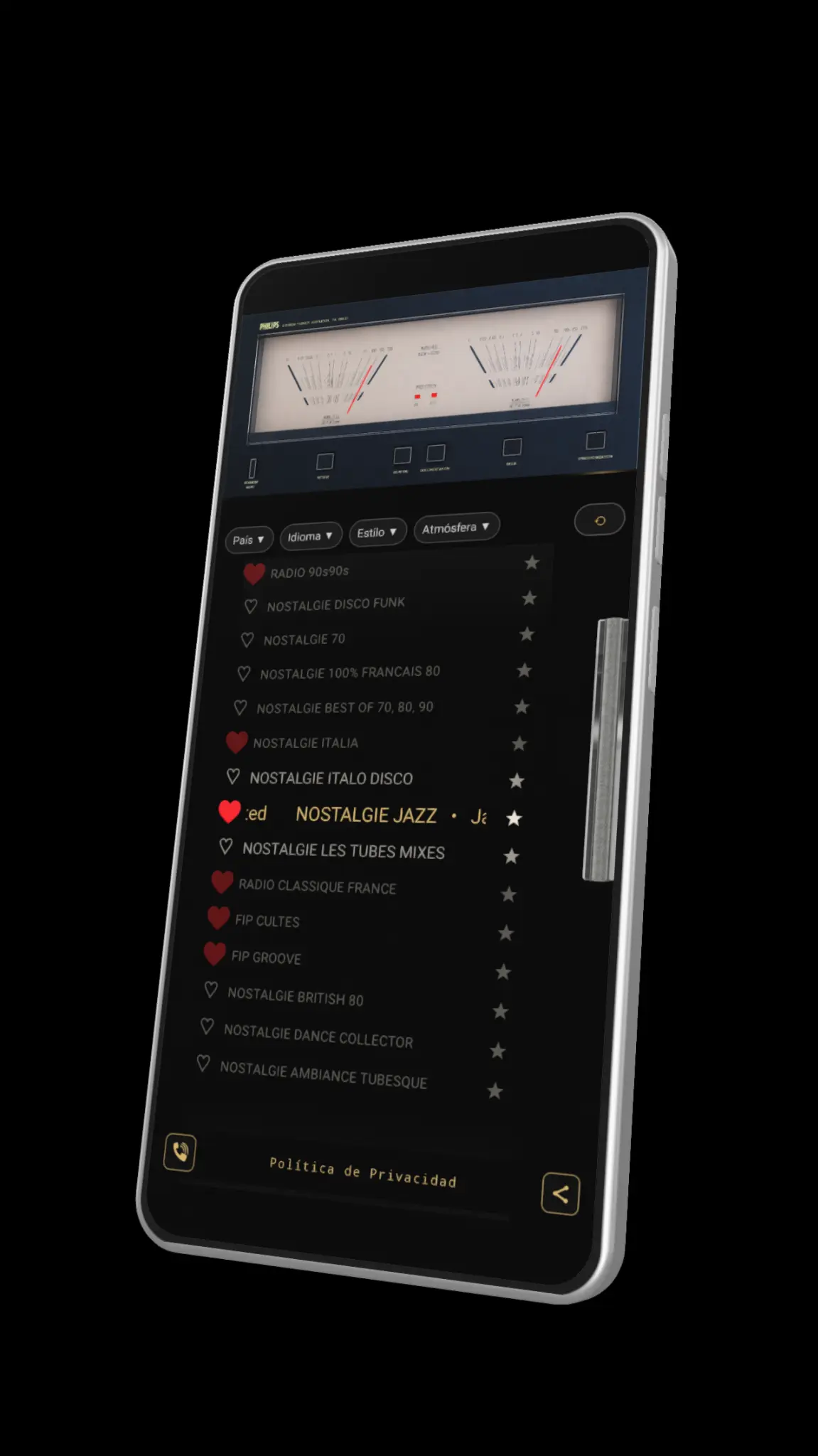 AudioJewel en Modo Exploratorio con el dial de radio y una emisora seleccionada